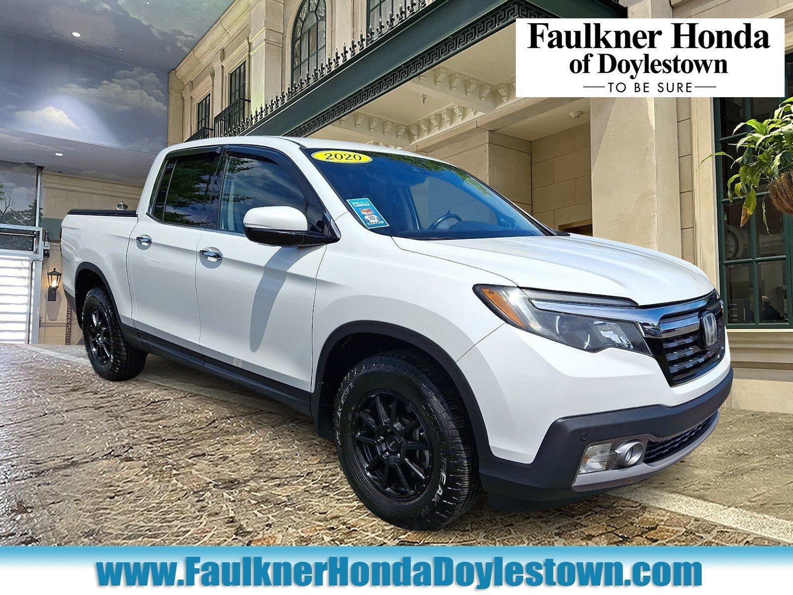 2020 Honda Ridgeline RTL-E AWD in Platinum White Pearl — front three-quarter view